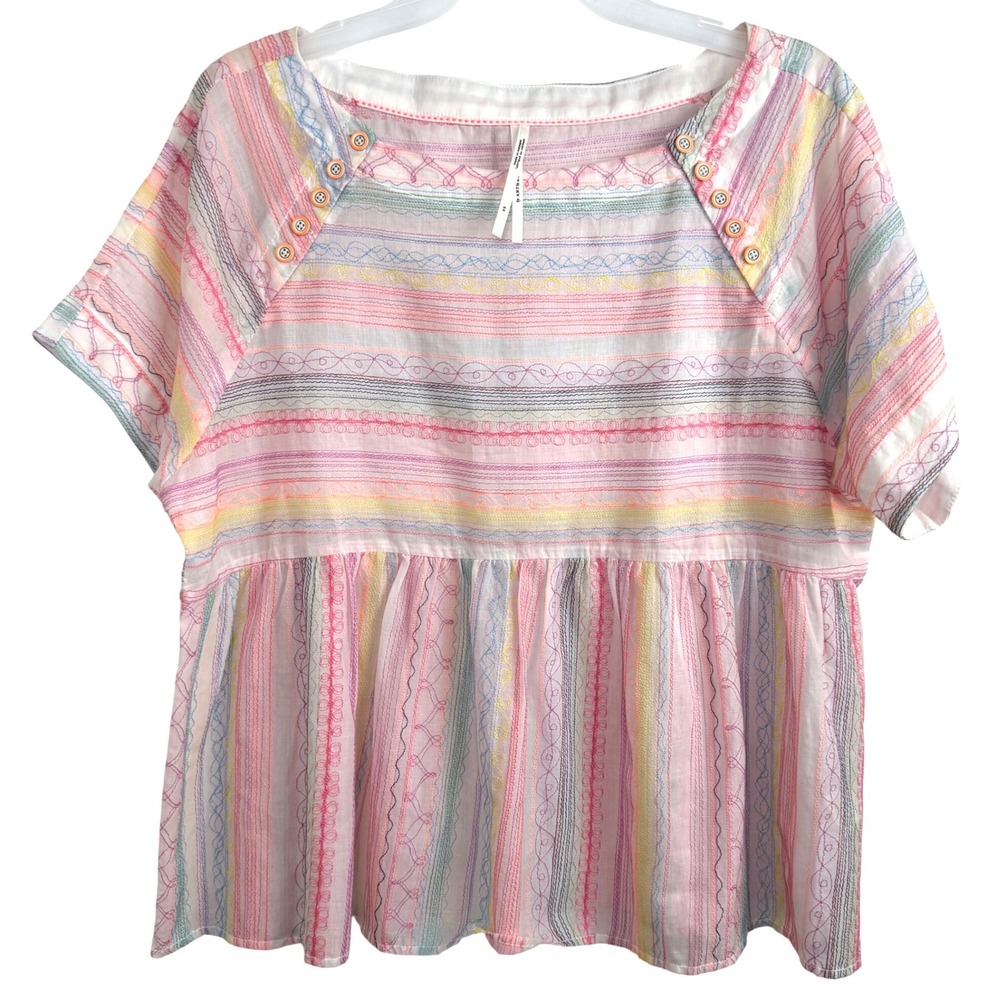 Anthropologie Embroidered Babydoll Top‎ XS Pink Rainbow Cottagecore Peplum